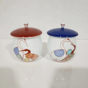 Arita Ware Fukagawa Seiji Nishiki Crane  Couple Teacups with Lids,Juaka Mitu.